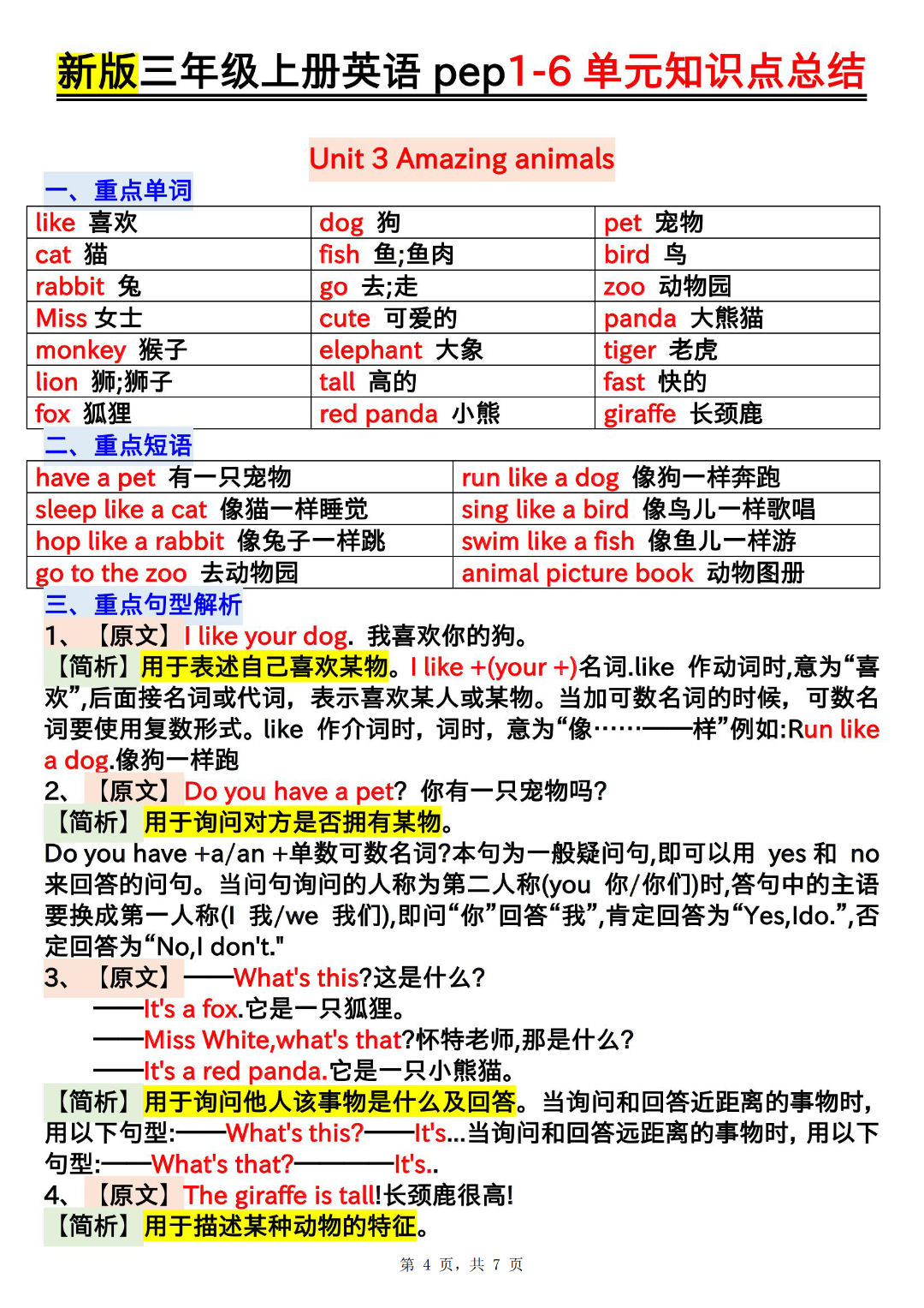 新版三年级上册人教PEP版英语《1-6单元知识点总结》，电子版可打印