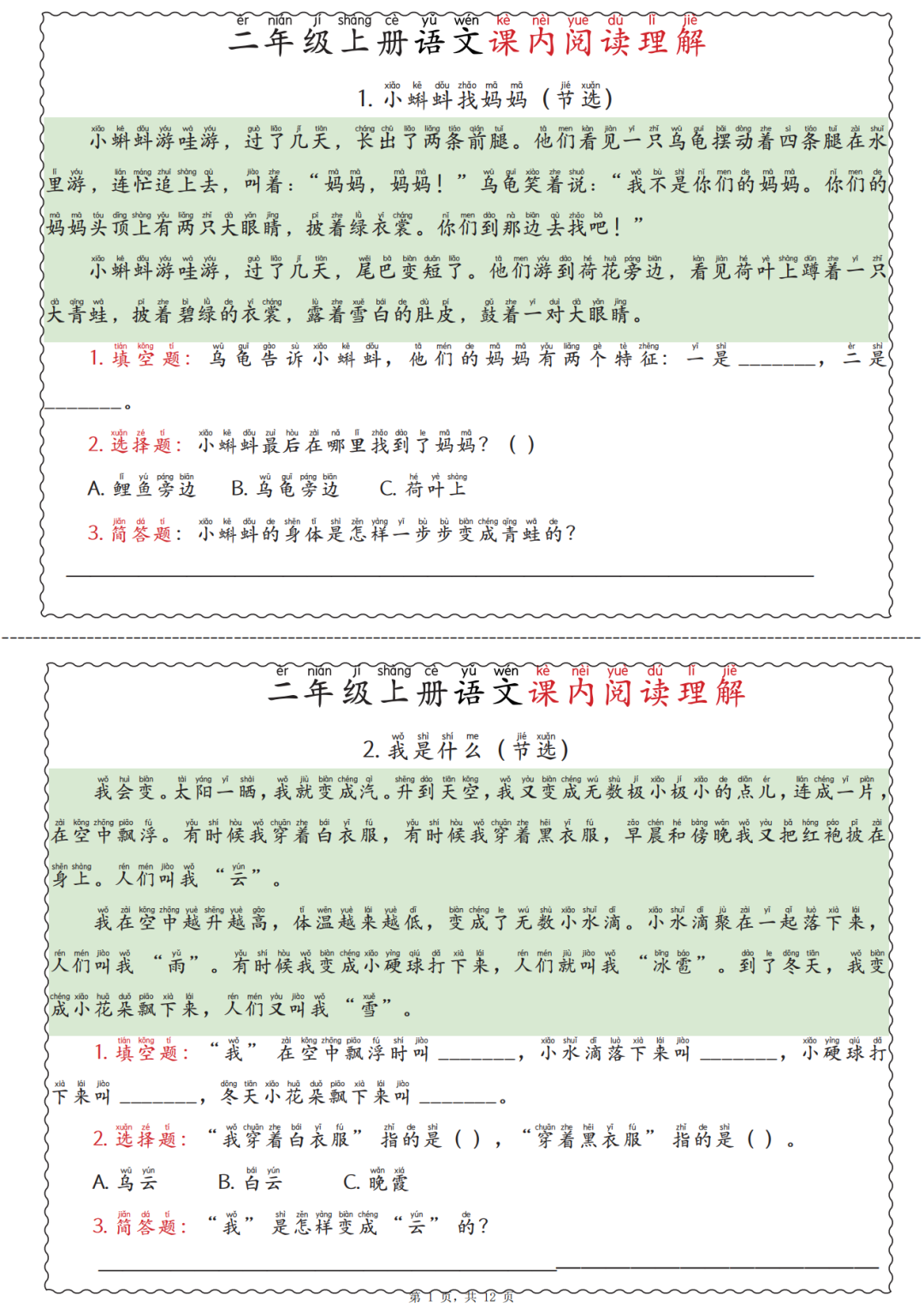 25年二年级上册语文《期中课内阅读理解》专项练习，有答案，电子版可打印