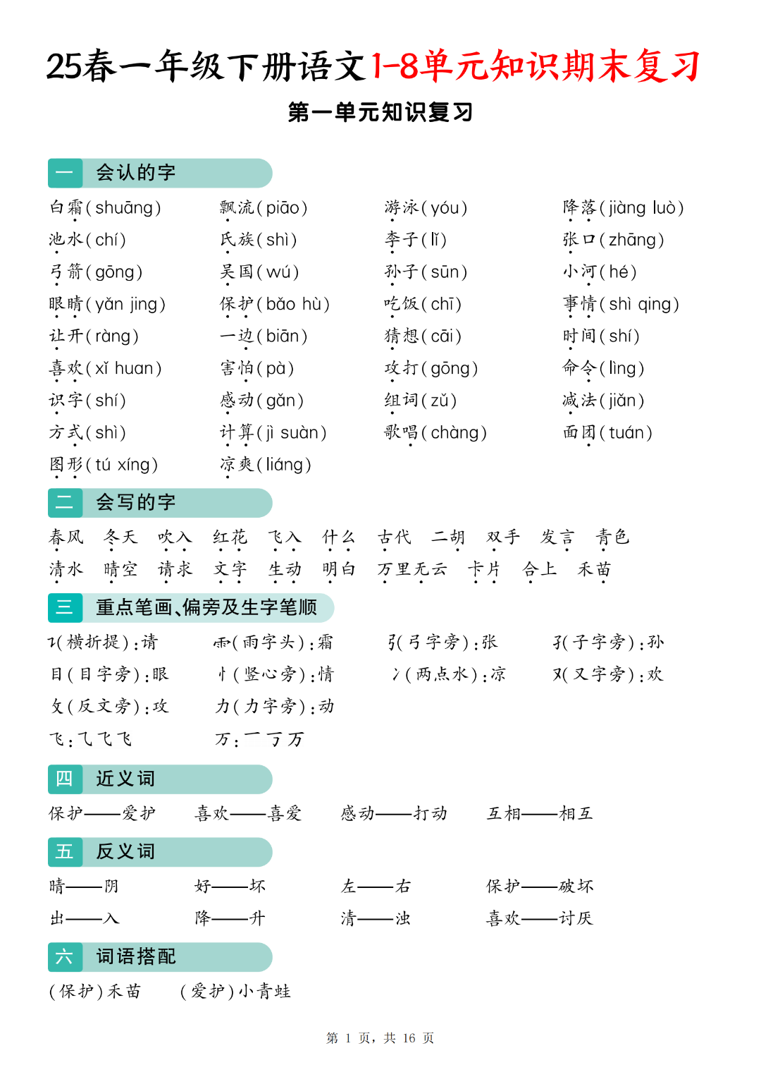 25年人教版一年级下册语文期末复习《1-8单元知识点归类汇总》，电子版可打印