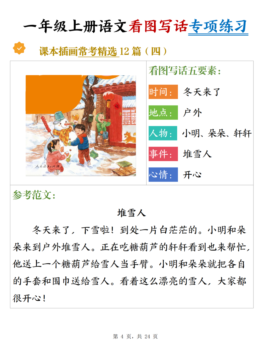 一年级上册语文《看图写话训练及范文》，电子版可打印