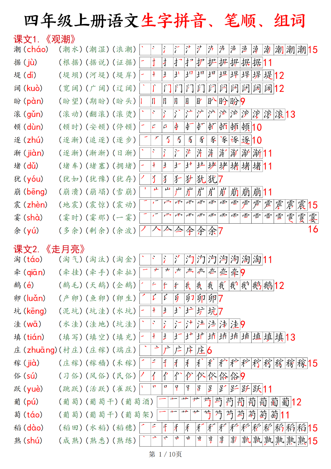 四年级上册语文课文（生字、拼音、组词、笔顺）汇总，电子版可打印