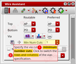 （ ①直接设置最小过孔数；②使用“行列”方式指定过孔排布 ）