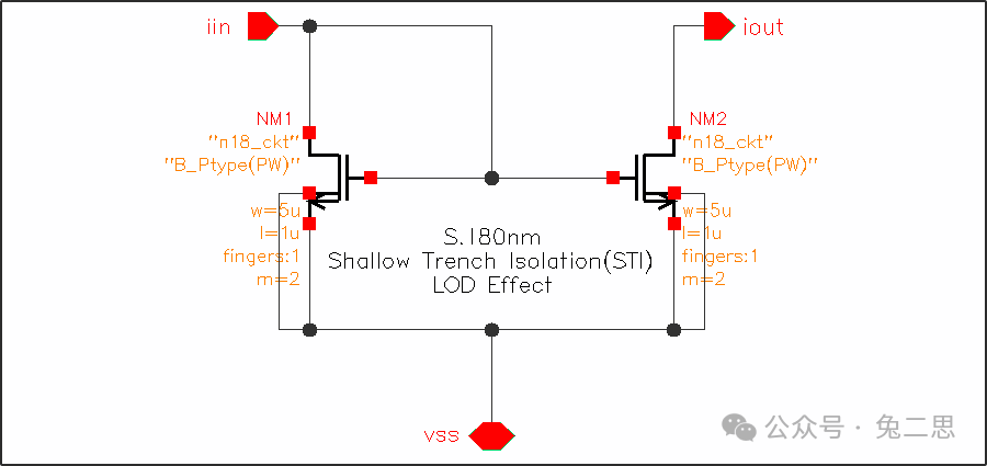 { w=5um，l=1um，fingers=1，m=2 }