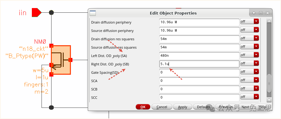 { 编辑 Pcell 参数列表中的 SA 和 SB 数值 }