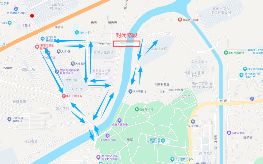 尧岗桥封闭施工绕行路线
