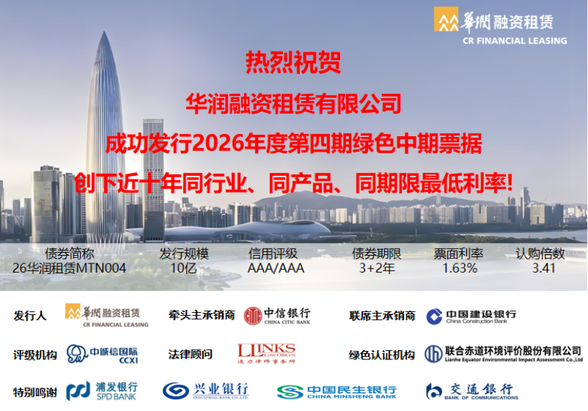 【会员动态】华润融资租赁有限公司2026年度第四期绿色中期票据圆满发行