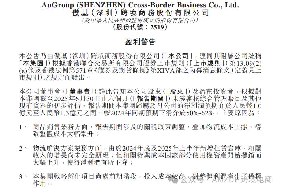 净利润下跌超50%！傲基发布2025上半年盈利预警