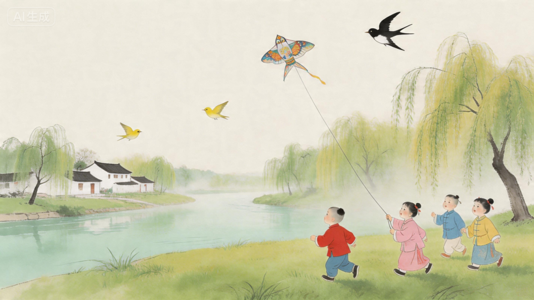 jimeng-2026-04-15-2133-中国古风插画，横版，16_9，清代诗人高鼎《村居》诗意画。早春二月，江南水乡，天....png