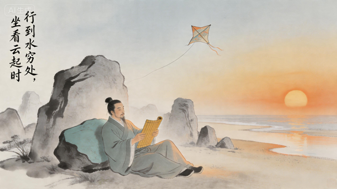 jimeng-2026-04-15-3623-中国传统水墨风格，横版16_9。远处是落日余晖下的明净沙岸，天空呈橘黄渐变色。一....png