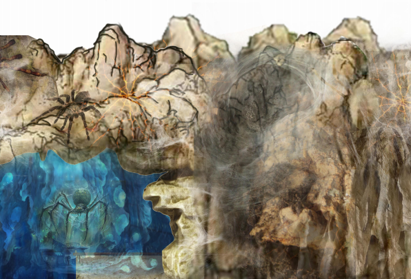 盘丝交接,纵横交错,迷幻的「盘丝洞」里孙悟空大战蜘蛛精,洞内蜘蛛满