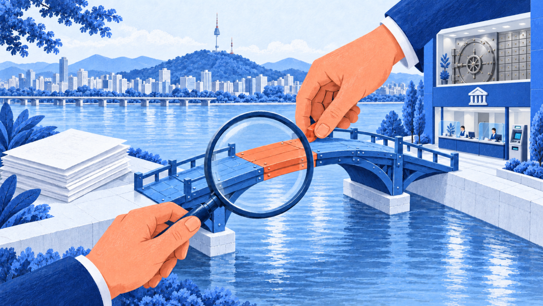 A magnifying glass verifies a repaired bridge linking a bank with evidence records