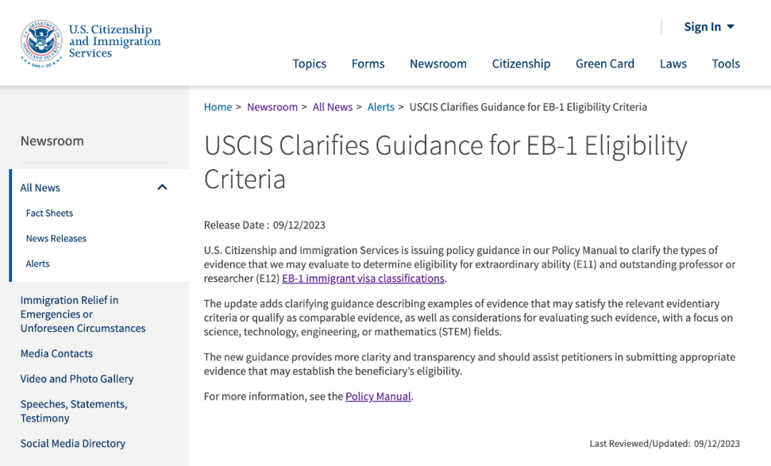12日，美国移民局更新EB-1申请政策指南
