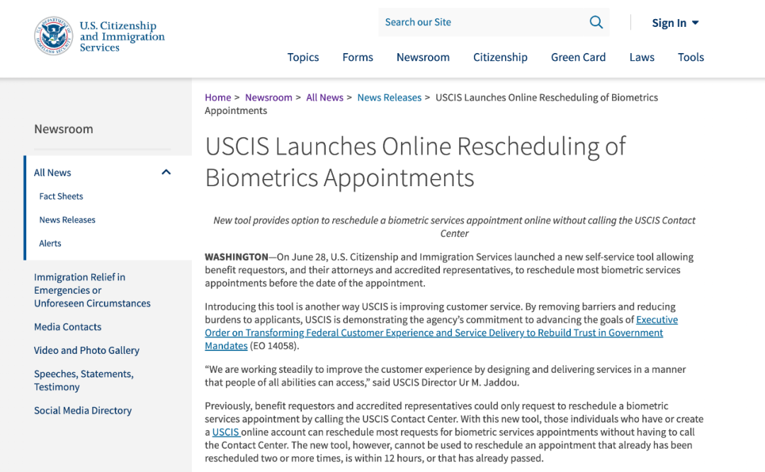 美国允许移民申请人重新预约生物识别服务