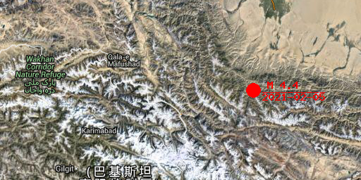 2021-02-05 01:02:00新疆喀什地区叶城县附近(自动)发生4.4级地震