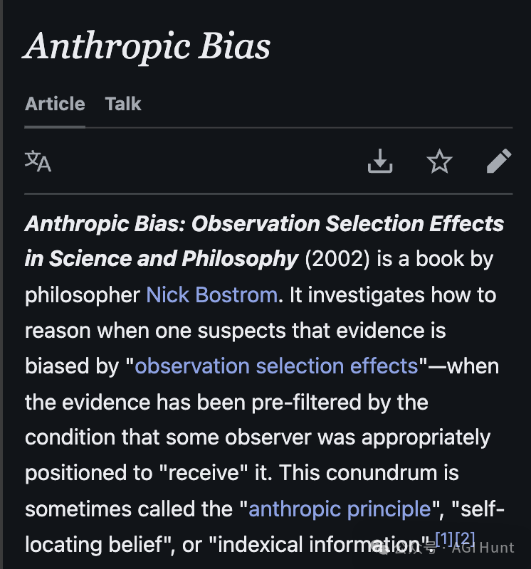 Deedy 推文中引用的 Bostrom《Anthropic Bias》维基百科页面
