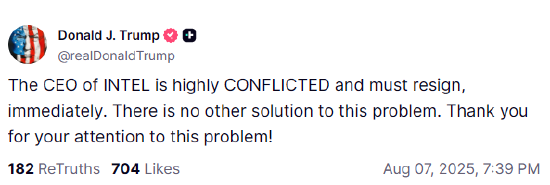很突然！特朗普喊话英特尔CEO必须立即辞职：后者股价大跌