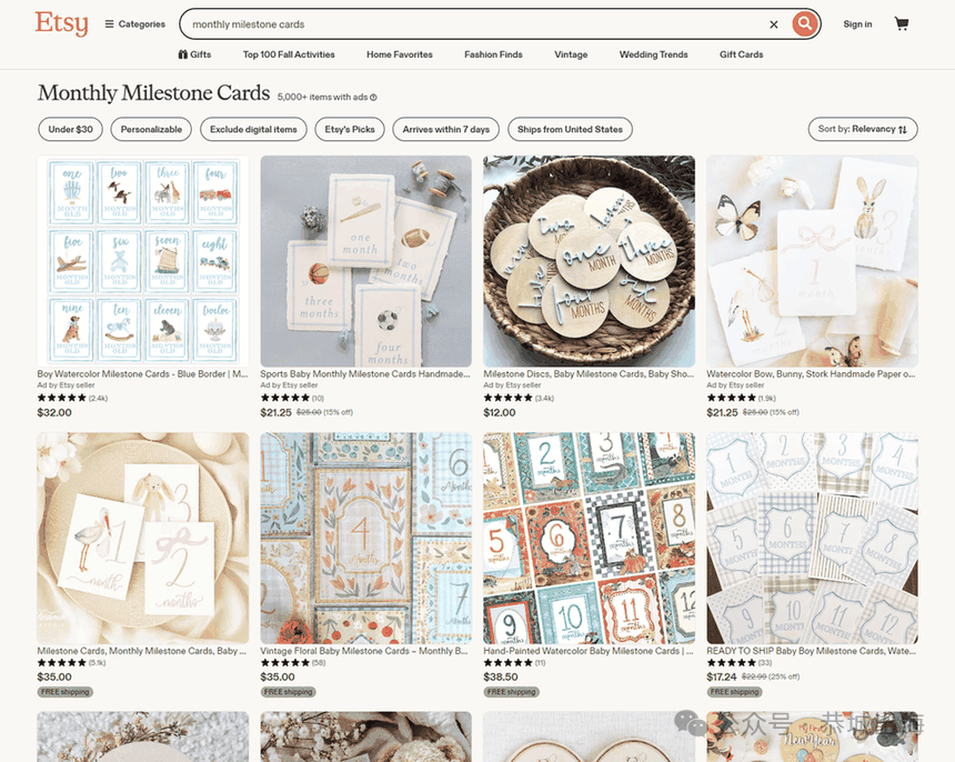 宝宝月龄卡可打印PDF卖Etsy：免关税无运费，一份5到13美元