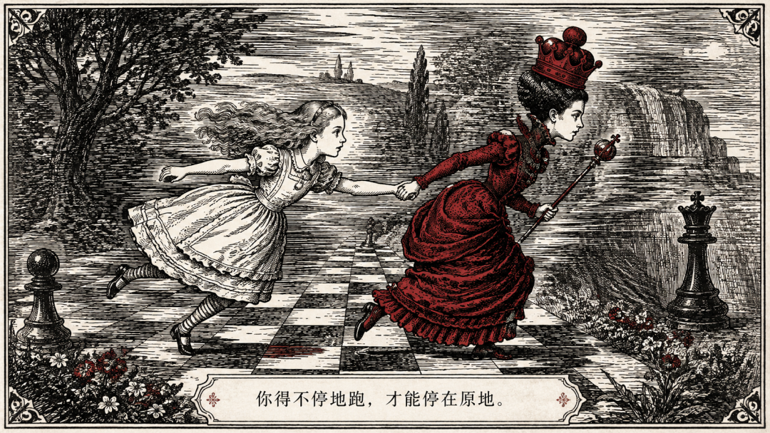 红皇后插画：爱丽丝和红皇后手牵手在国际象棋棋盘上拼命奔跑，背景的风景往后倒退