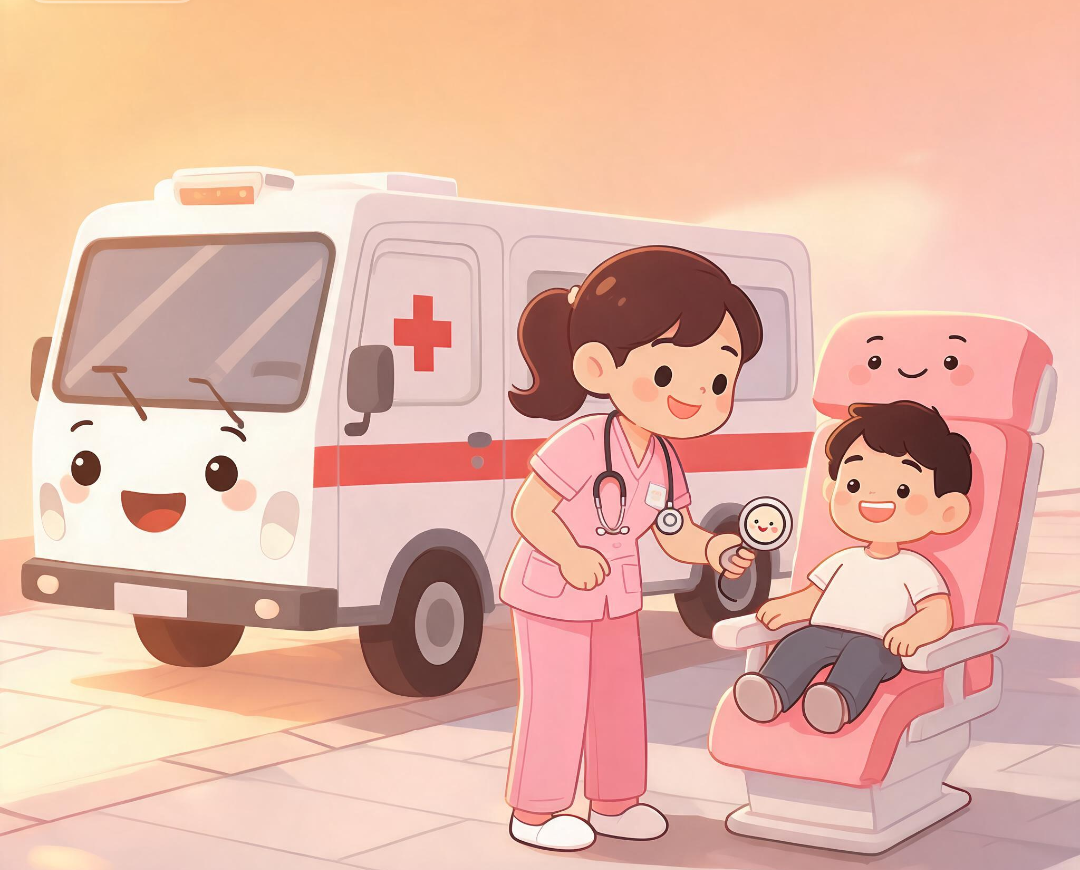 jimeng-2026-08-05-9801-可爱卡通，献血车旁边，医护人员用听诊器和仪器检查献血者，然后采血，血袋上贴着带条....png