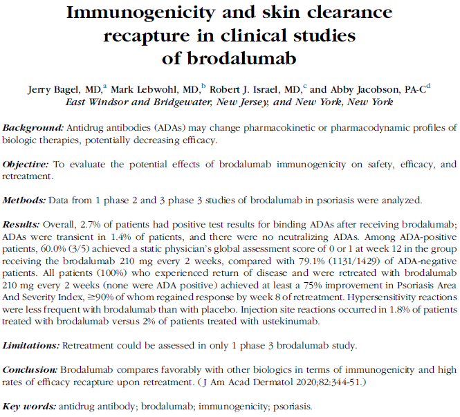 Brodalumab的临床研究中免疫原性与复治后皮疹再次清除率的观察- CSDCMA 