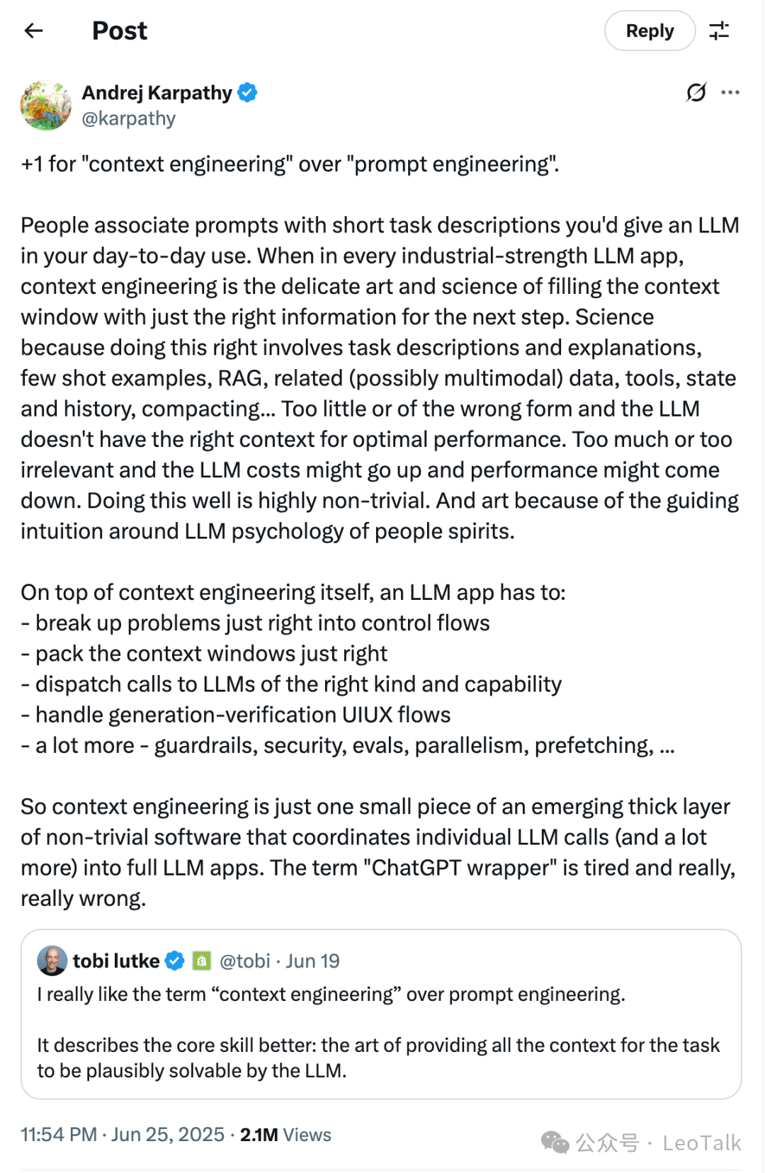 Andrej Karpathy 关于 Context Engineering 的推文截图