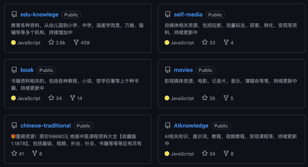 “超100TB大坝资源站”，包括教育资料、自媒体资源、书籍、影视媒体资源、中医课程资料、AI相关知识等。