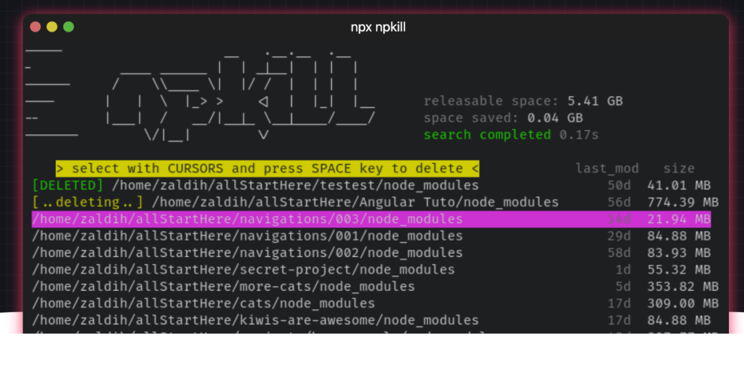 一个用于列出系统中任何&nbsp;node_modules&nbsp;文件夹及其占用空间大小的工具，用户可以选择删除某些文件夹以释放空间。