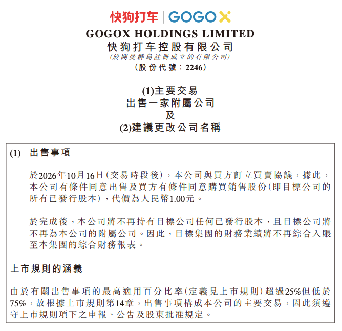 快狗打车拟1 元出售中国内地业务，并更名“GOGO 科技”_新浪财经