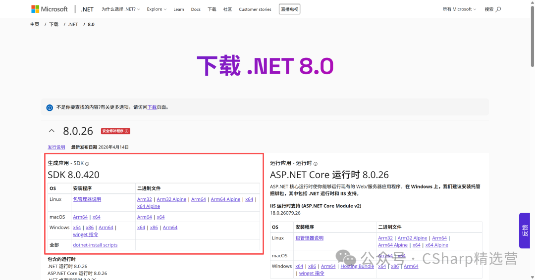 .NET 8 SDK官方下载页面截图，红框标示SDK下载项