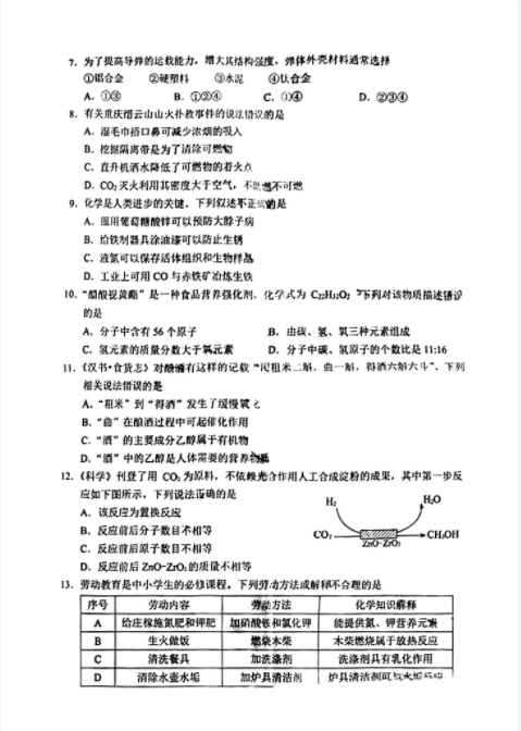 2023年重庆中考理综试题及答案