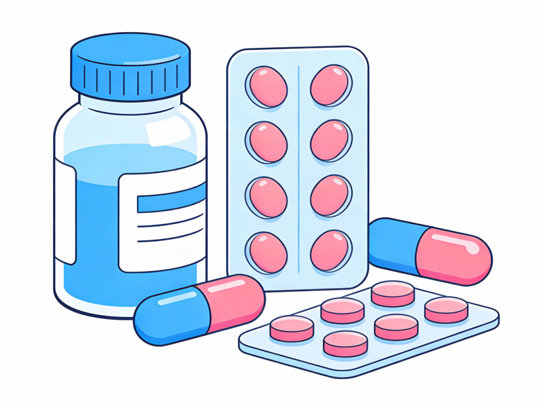 jimeng-2025-12-15-1169- 平面插画风格，纯白色背景，医疗药品。蓝色与粉红色调，色彩清爽。.png