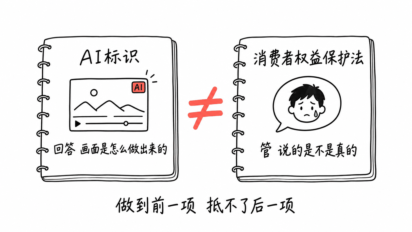 手绘对比图：左边账本写着AI标识只回答画面是怎么做出来的，右边账本写着消费者权益保护法管说的是不是真的，中间是不等号