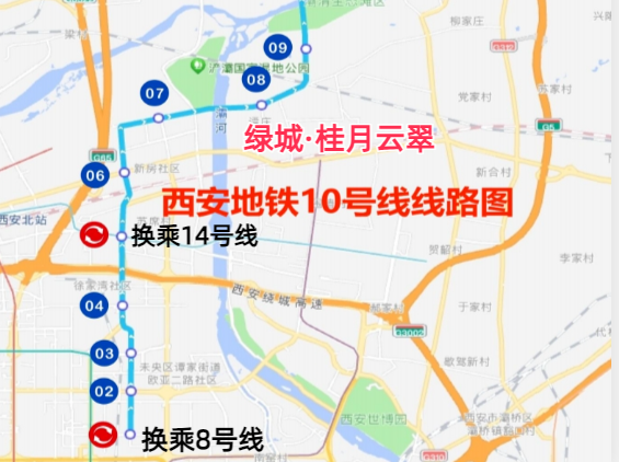 向南于井上村站换乘8号线,通达西安全城;附近还有地铁3号线,地铁7号线