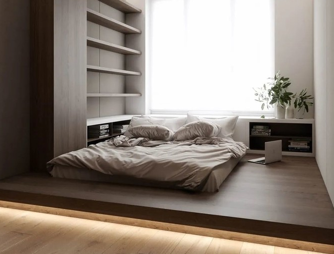 当卧室空间太小放不进床架时,地台床更是不二选择啦,让空间得到很好的