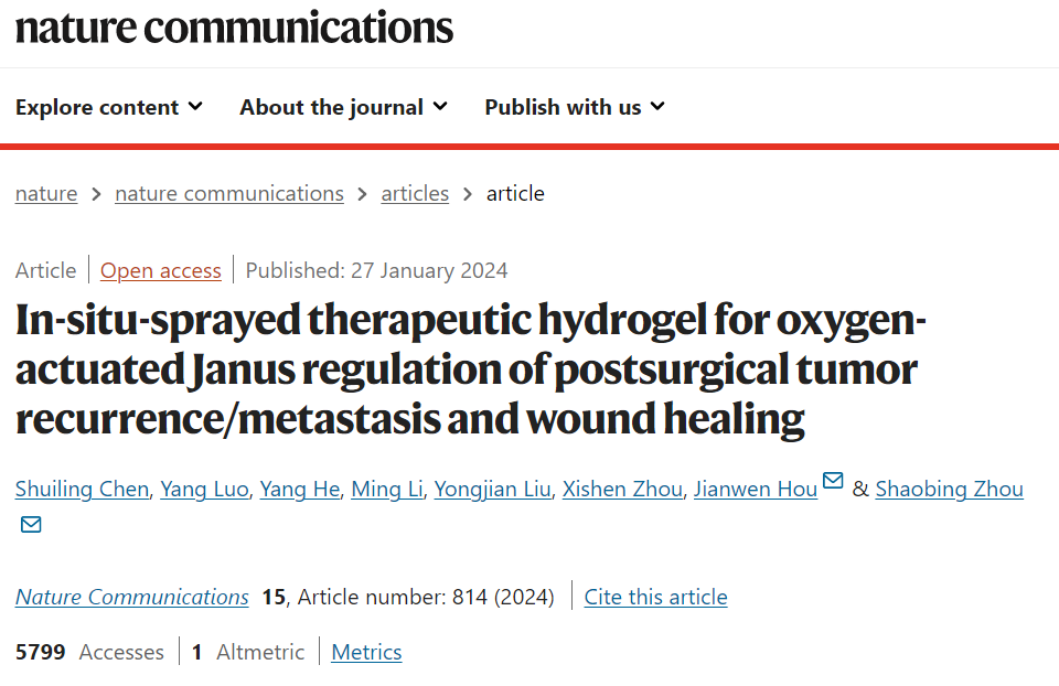 Nature Communications原位水凝胶喷剂——术后肿瘤复发转移和伤口愈合治疗新工具