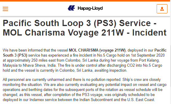 事故丨ONE旗下一艘集装箱船货舱起火！曾挂靠宁波、上海等多个港口！