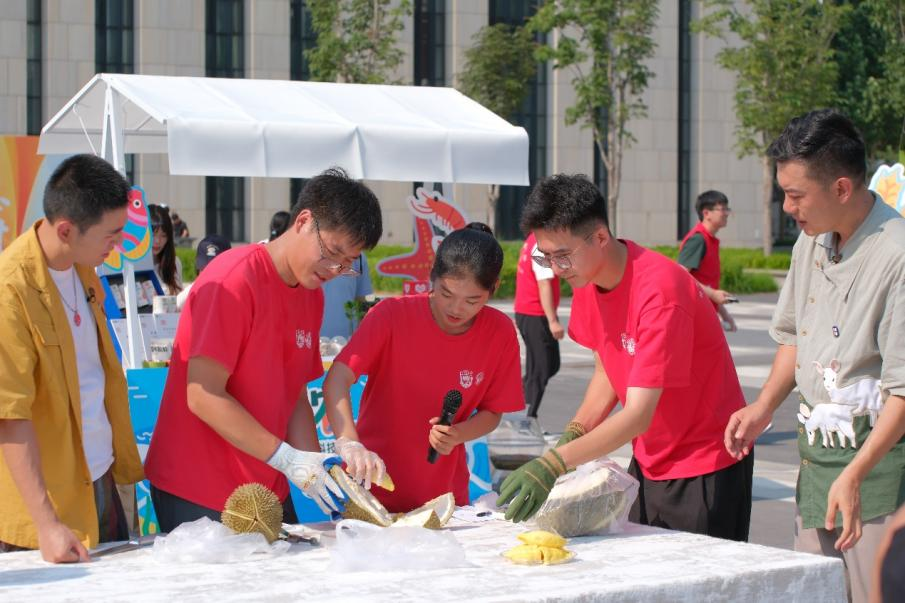 海南三亚优旗榴莲科技小院的同学们正在介绍国产树上自然成熟的榴莲。王心悦摄