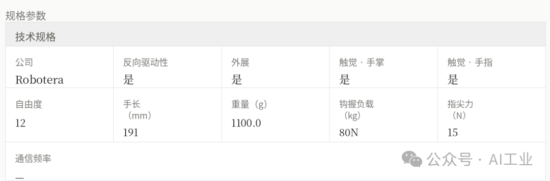 xHand 1 技术规格