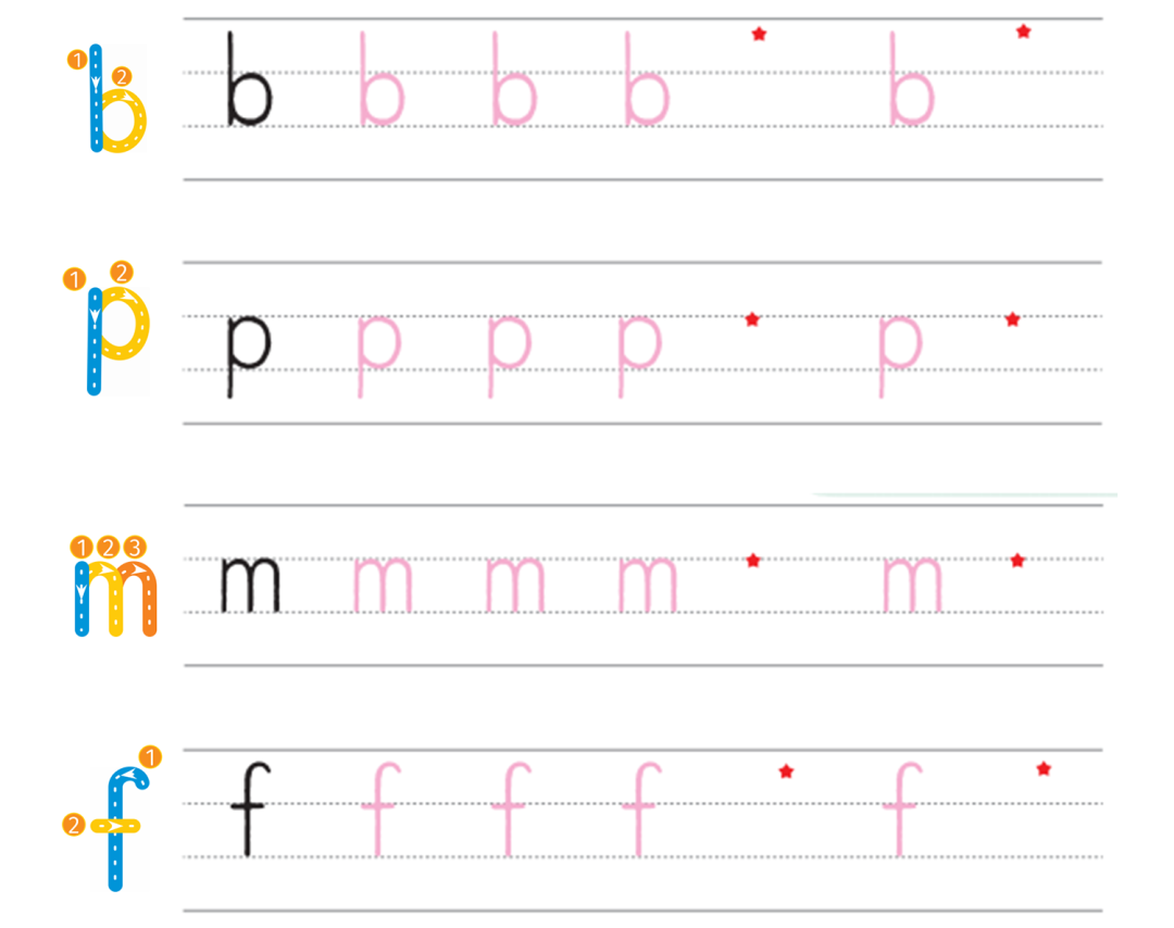 拼音宝宝b,p,m,f的规范书写