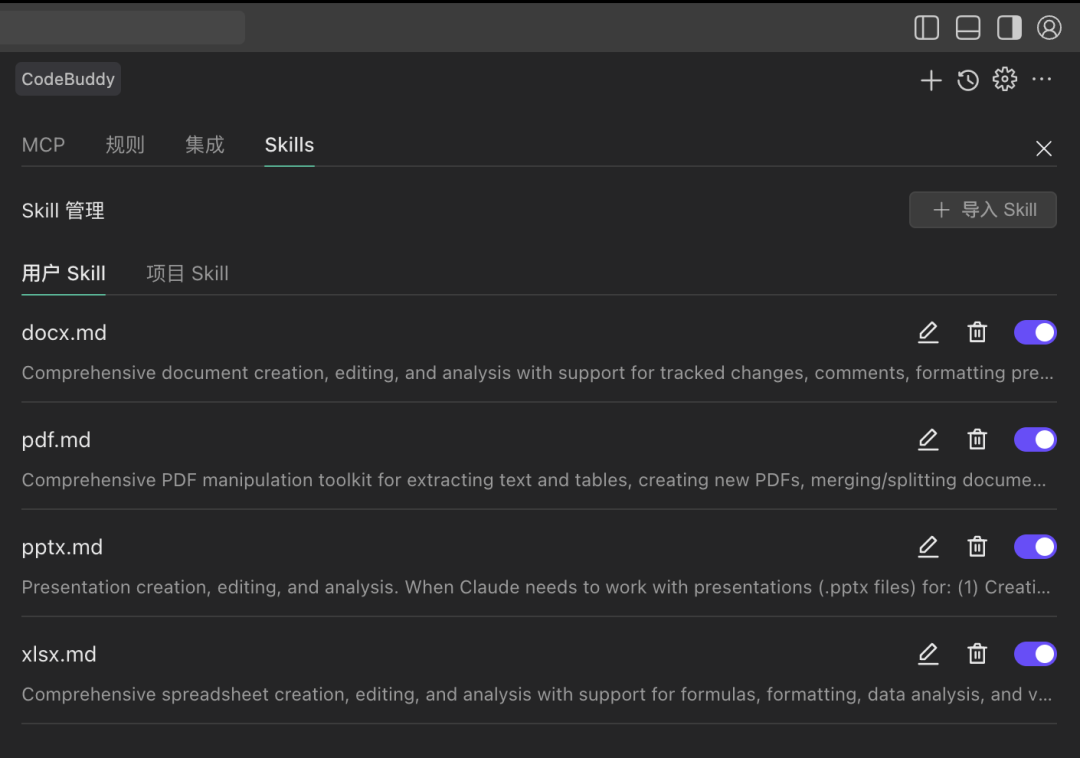 导入 xlsx、pdf、docx Skills 界面