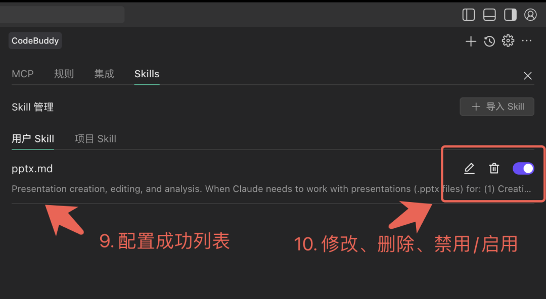 Skills 配置成功列表界面