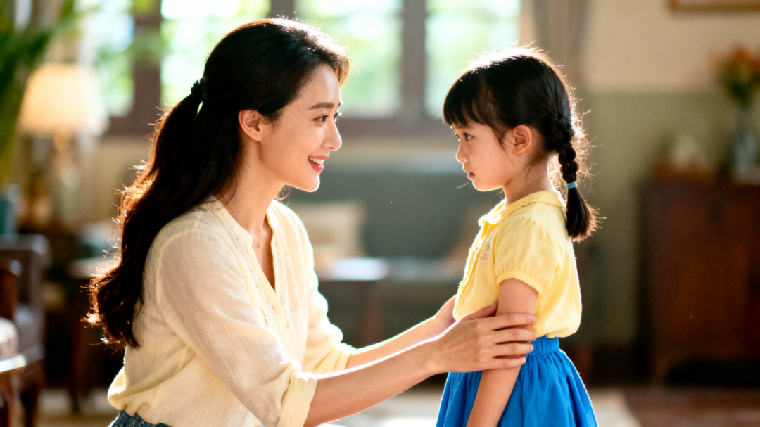 jimeng-2026-05-11-7560-一位漂亮年轻妈妈和五六岁小女孩，浅黄色上衣，蓝色裙子，背景虚化，氛围感，高清写实....png