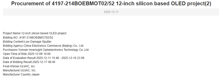BOE 12-inch & 8-inch OLED设备中标清单!