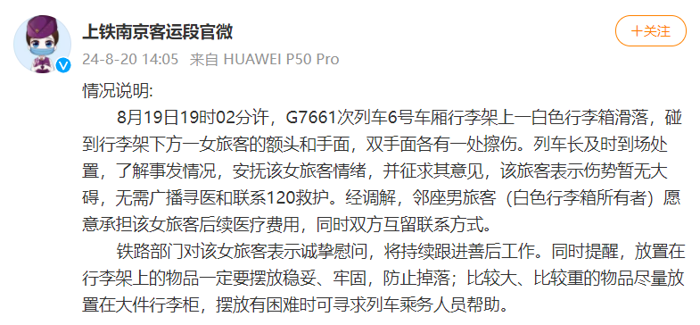 女子乘高铁被行李箱砸头崩溃大哭，官方通报