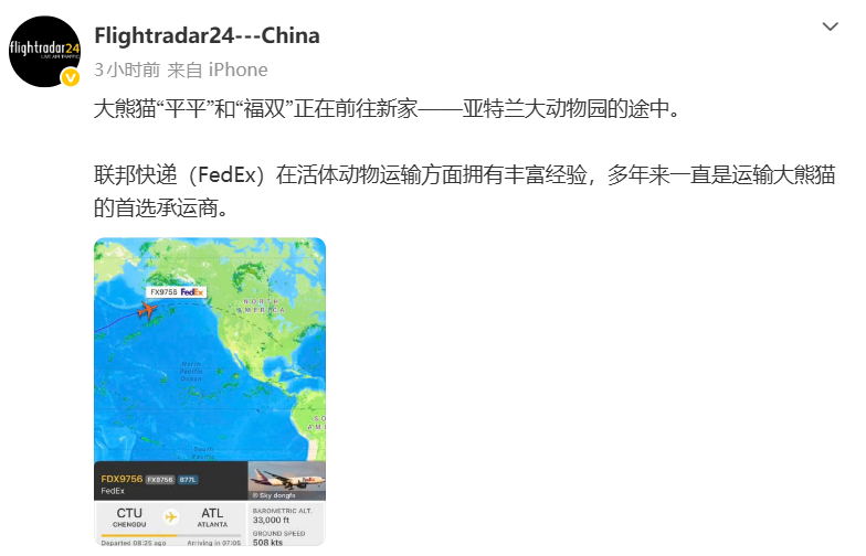 中国大熊猫平平福双飞抵美国亚特兰大 开启10年旅居生活