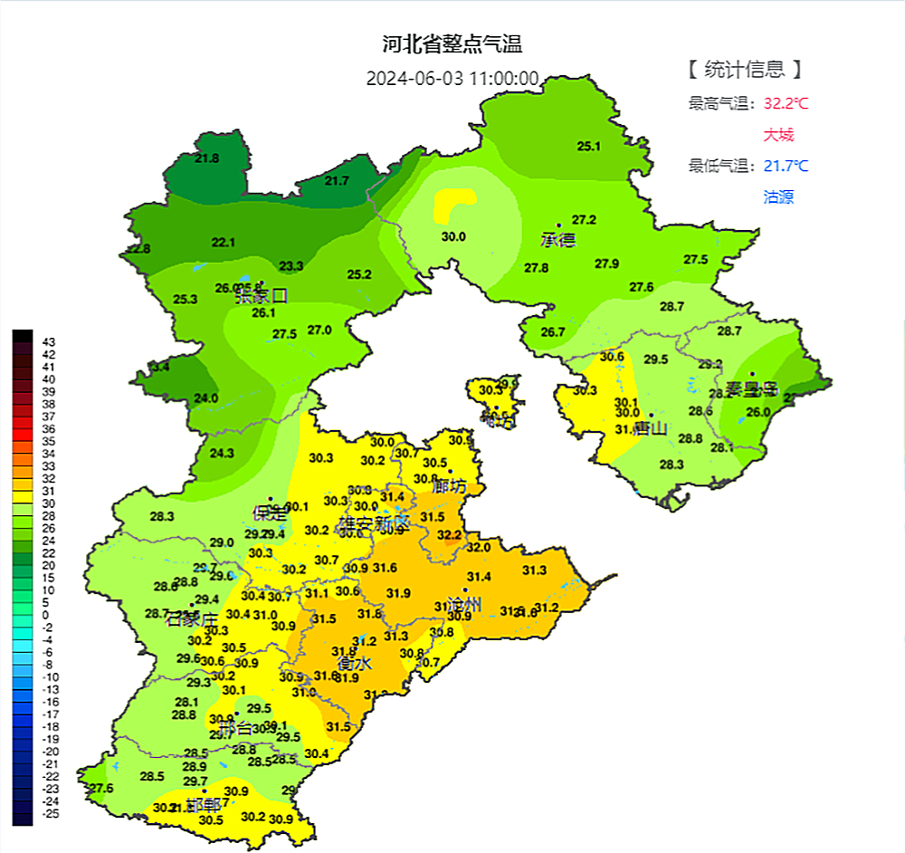 截至今天上午11点,过去24小时河北省出现了分布不均的降水天气,过程