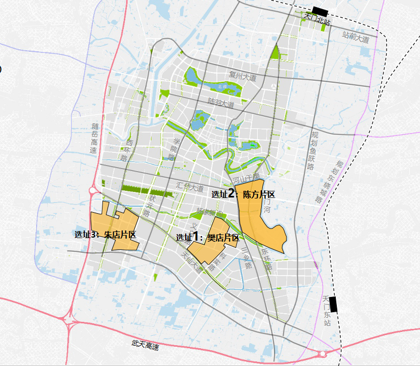 "天门新区"规划选址总体原则为:结合集中大规模存量可开发建设用地,在