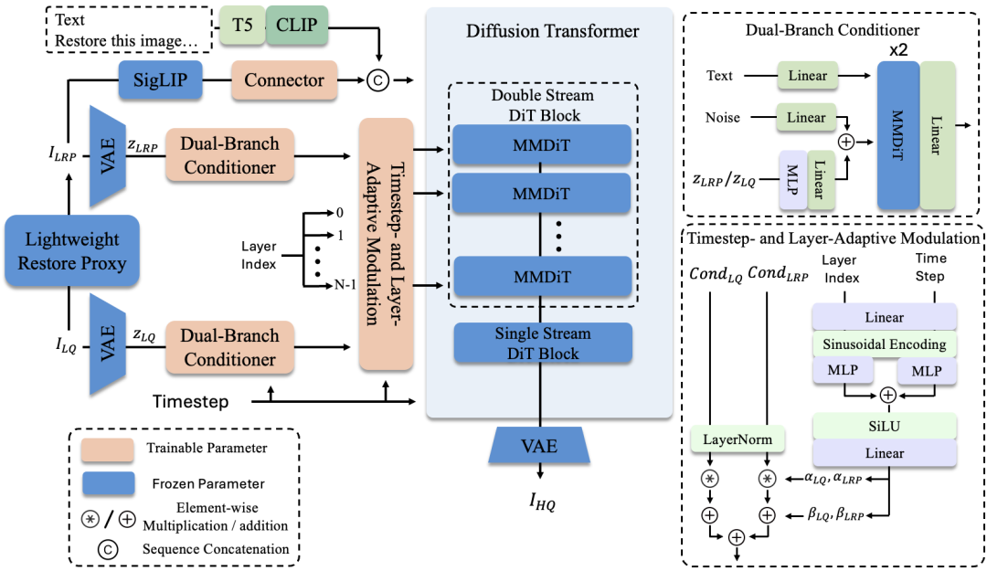 图 2：LucidFlux 的整体框架。包含双分支调控器（DBC）、时序与层级自适应调制（TLCM）、以及无 Caption 语义对齐模块。