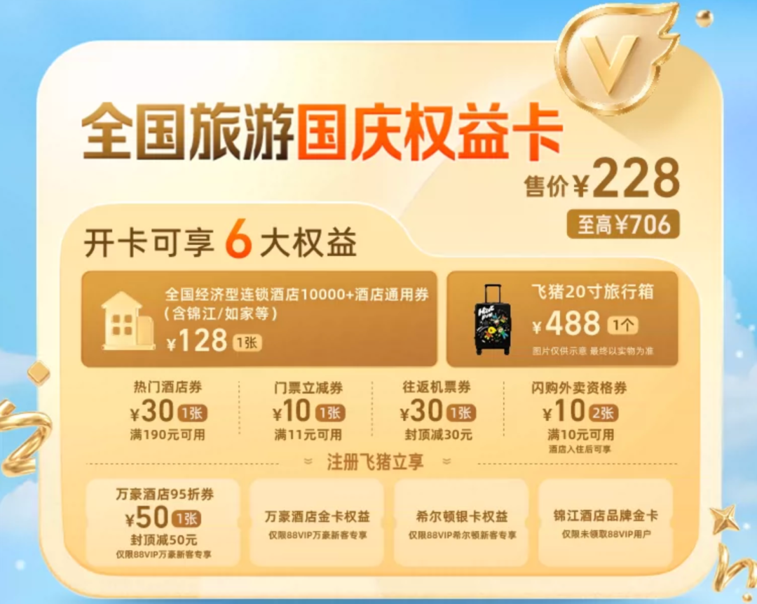国庆中秋不加价酒店合集 全日空日航燃油费下调 飞猪权益卡优惠