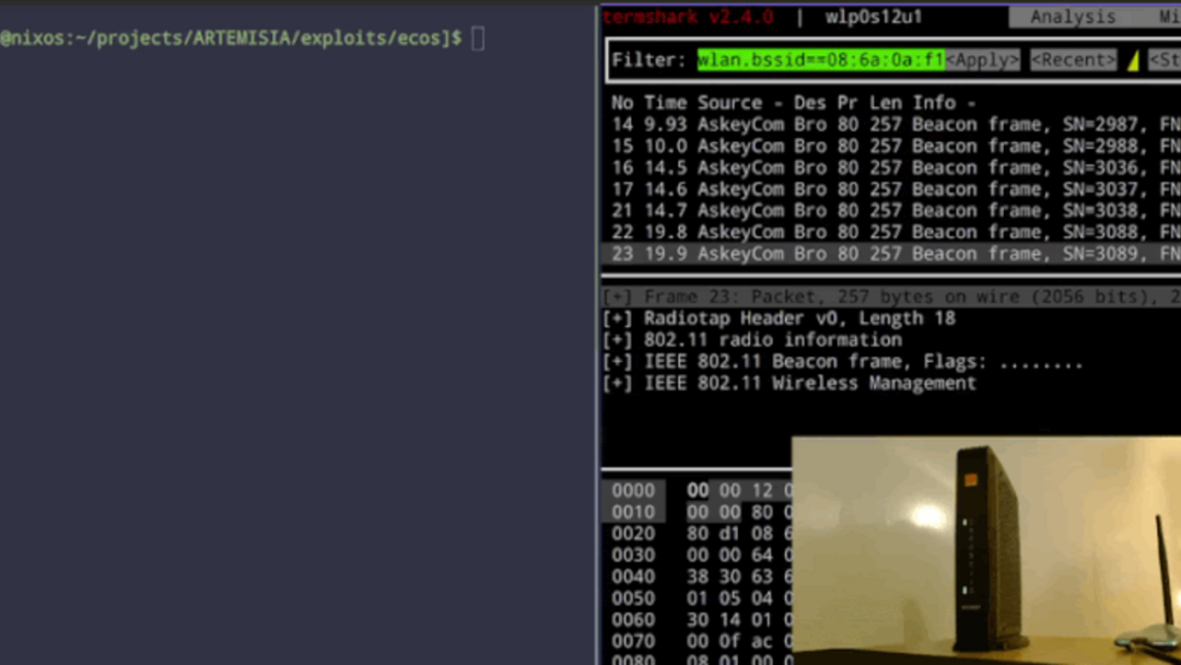 基于 Broadcom WPS 的攻击场景演示(Linux 终端 + Wireshark 抓取 802.11 Beacon 与 WPS 行为)